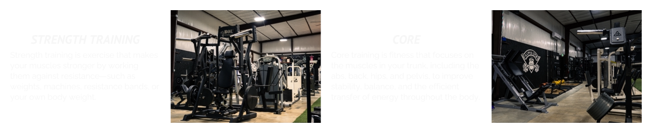 STRENGTH TRAINING Strength training is exercise that makes your muscles stronger by working them against resistance—such as weights, machines, resistance bands, or your own body weight. CORE Core training is fitness that focuses on the muscles in your trunk, including the abs, back, hips, and pelvis, to improve stability, balance, and the efficient transfer of energy throughout the body.